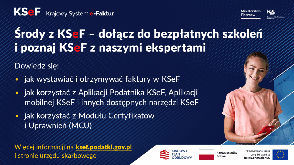 Plakat  - bezpłatne szkolenia „Środy z KSeF”